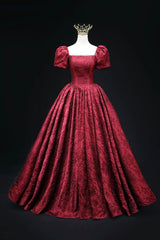 Burgundy Printed Long A-Line Prom Dress, A-Line Short Sleeve Formal Evening Dress
