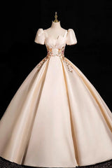 Champagne Satin Lace Long Prom Dress, Elegant A-Line Short Sleeve Party Dress