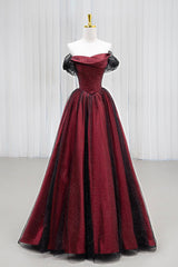 Black Tulle and Burgundy Satin Long Prom Dress, Charming A-Line Party Dress
