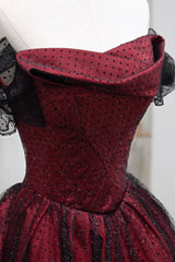Black Tulle and Burgundy Satin Long Prom Dress, Charming A-Line Party Dress