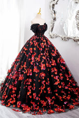 Black Tulle and Red Sequins Long Formal Dress, Off the Shoulder Evening Dress