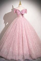 Pink Tulle Sequins Long A-Line Prom Dress, Pink Off Shoulder Evening Dress