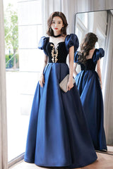 Blue Velvet and Satin Floor Length Prom Dress, Elegant Short Sleeve Evening Party Dress