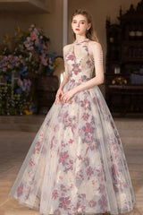 Beautiful Floral Tulle Long Prom Dress, A-Line Halter Evening Party Dress
