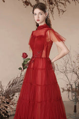 Lovely Tulle Beaded Floor Length Prom Dress, Beautiful Dark Red A-Line Evening Dress
