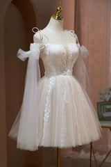 Ivory Off-the-Shoulder Spaghetti Strap Lace Knee Length Prom Dress