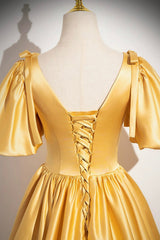 Yellow V-Neck Satin Long Prom Dress, Yellow A-Line Short Sleeve Evening Dress