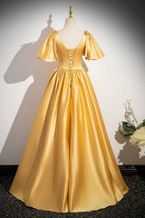 Yellow V-Neck Satin Long Prom Dress, Yellow A-Line Short Sleeve Evening Dress