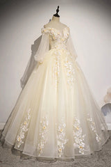 Champagne Tulle Lace Floor Length Prom Dress, Off Shoulder Long Sleeve Evening Dress