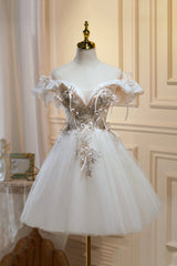 Cute Tulle Sequins Short Prom Dress, Light Champagne Off Shoulder Party Dress