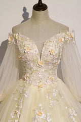 Champagne Tulle Lace Floor Length Prom Dress, Off Shoulder Long Sleeve Evening Dress