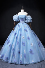 Beautiful Floral Tulle Long Prom Dress, Blue Short Sleeve Evening Dress