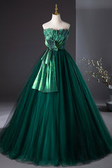 Dark Green Strapless Tulle Long Prom Dress, Beautiful A-Line Formal Evening Dress