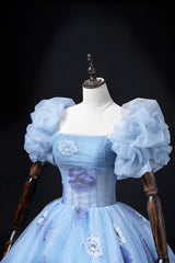 Beautiful Floral Tulle Long Prom Dress, Blue Short Sleeve Evening Dress