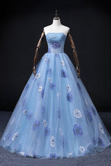 Beautiful Floral Tulle Long Prom Dress, Blue Short Sleeve Evening Dress