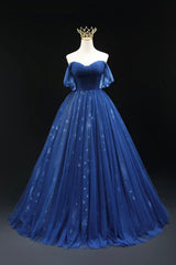 Beautiful Navy Blue Tulle Long Prom Dress, Off the Shoulder A-Line Backless Formal Dress