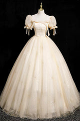 Champagne Tulle Short Sleeve Floor Length Prom Dress, Beautiful A-Line Evening Party Dress