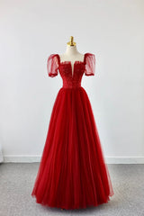 Dark Red Tulle Floor Length Formal Dress, Beautiful A-Line Short Sleeve Evening Dress with Beaded