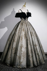 Black Velvet and Sequins Long Prom Dress, Black Off the Shoulder A-Line Evening Dress