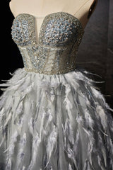 Gray Feather Short Party Dress, Lovely Handmade Beading Pearl Sequins Evening Dress