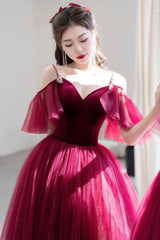 Burgundy V-Neck Velvet and Tulle Long Prom Dress, A-Line Spaghetti Strap Formal Evening Dress
