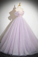 Lilac Strapless Tulle Long Prom Dresses with Flowers, Lilac Off the Shoulder Formal Evening Dresses