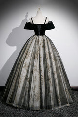 Black Velvet and Sequins Long Prom Dress, Black Off the Shoulder A-Line Evening Dress
