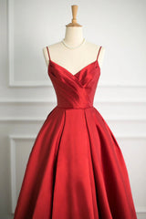 Red V-Neck Satin Long A-Line Prom Dress, Simple A-Line Backless Evening Party Dress