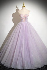 Lilac Strapless Tulle Long Prom Dresses with Flowers, Lilac Off the Shoulder Formal Evening Dresses