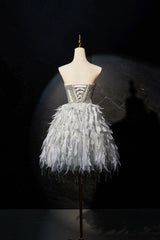Gray Feather Short Party Dress, Lovely Handmade Beading Pearl Sequins Evening Dress