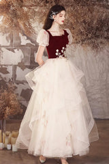 Champagne Tulle and Burgundy Velvet Long Prom Dress, Lovely A-Line Evening Party Dress