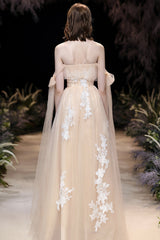 Champagne Tulle Lace Long Prom Dress, Cute A-Line Evening Dress