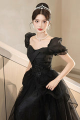 Black Tulle Lace Short Sleeve Floor Length Prom Dress, Black A-Line Evening Party Dress