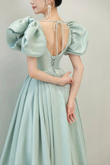 Light Green Satin Long A-Line Prom Dress, Cute Short Sleeve Evening Dress