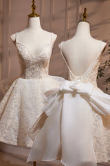 Light Champagne V-Neck Lace Short Prom Dress, A-Line Spaghetti Straps Backless Party Dress with Bow