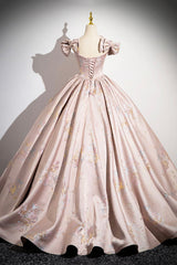 Pink Satin Lace Long Prom Dress, A-Line Scoop Neckline Formal Evening Dress