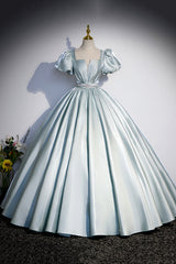 Cute Satin Floor Length Prom Dress, A-Line Short Sleeve Evening Party Dress