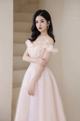 Pink Tulle Beaded Short Prom Dress, Pink Off Shoulder Evening Party Dress