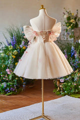 Champagne Tulle Print Knee Length Prom Dress, Lovely Off the Shoulder Backless Party Dress