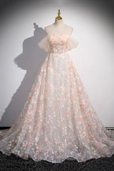 Beautiful Floor Length Sequins and Flowers Party Dress, Off the Shoulder Tulle Formal Dress
