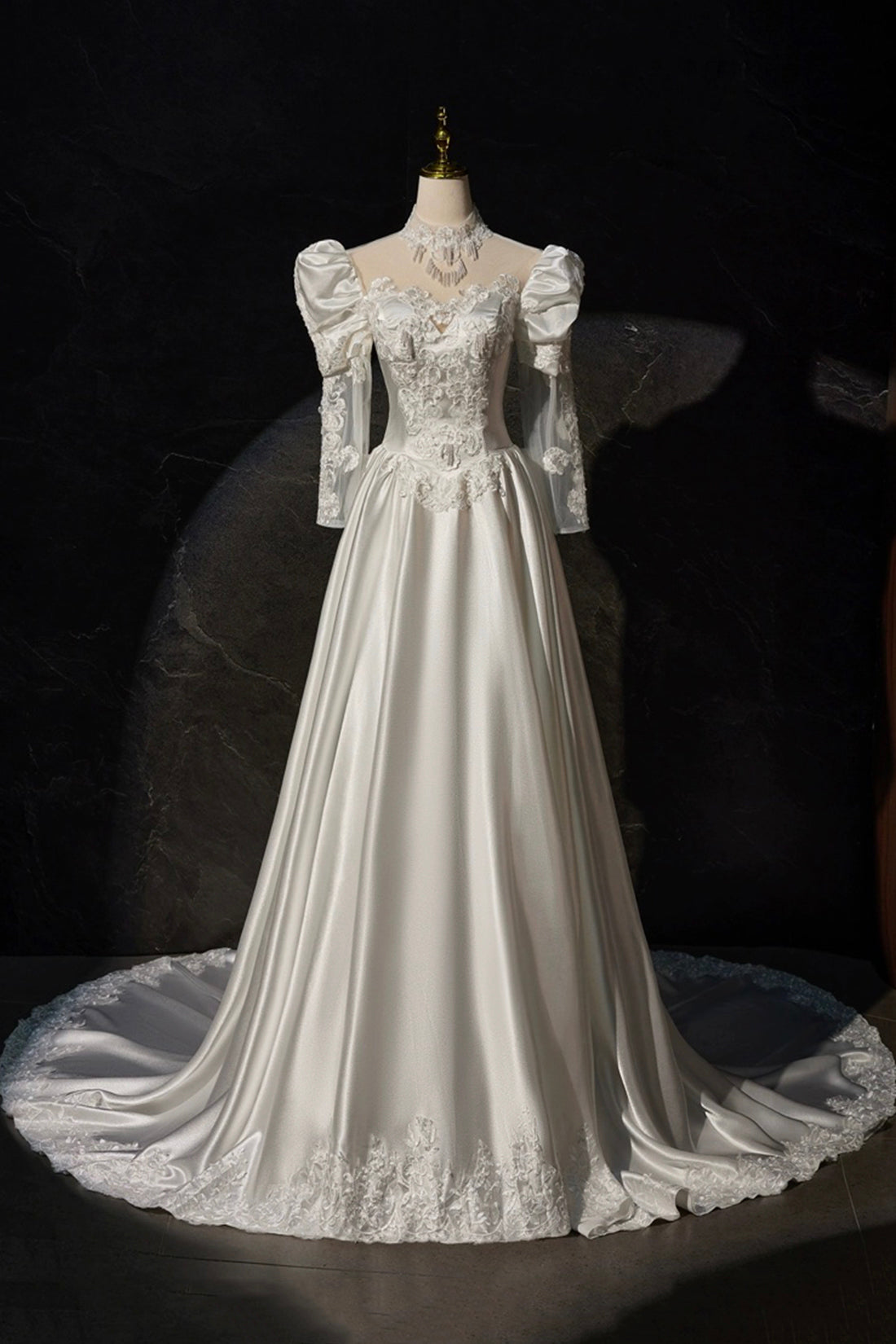 A-Line Satin Lace Long Sleeve Prom Dress, Elegant White High Neck Evening Prom Dress