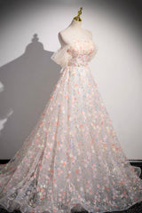 Beautiful Floor Length Sequins and Flowers Party Dress, Off the Shoulder Tulle Formal Dress