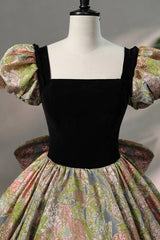 Elegant Black Puffy Short Sleeve Floor Length Prom Dress, A-Line Floral Pattern Evening Dress