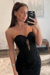 Black Lace Long Mermaid Prom Dress, Black Strapless Evening Party Dress