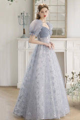 Blue Tulle Lace Floor Length Prom Dress, Beautiful Short Sleeve Evening Party Dress