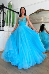 Blue Tulle Beaded Long Floor Length Prom Dress, Beautiful A-Line Evening Party Dress