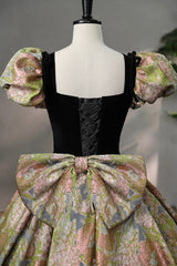 Elegant Black Puffy Short Sleeve Floor Length Prom Dress, A-Line Floral Pattern Evening Dress