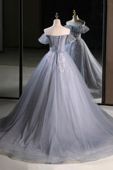 Gray Tulle Floor Length Prom Dress, Beautiful A-Line Off the Shoulder Evening Party Dress