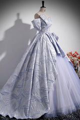 Blue Floor Length Tulle Prom Dress, Off the Shoulder A-Line Evening Party Dress