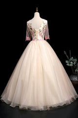 Champagne V-Neck Lace Long Prom Dress, A-Line 1/2 Sleeves Evening Party Dress